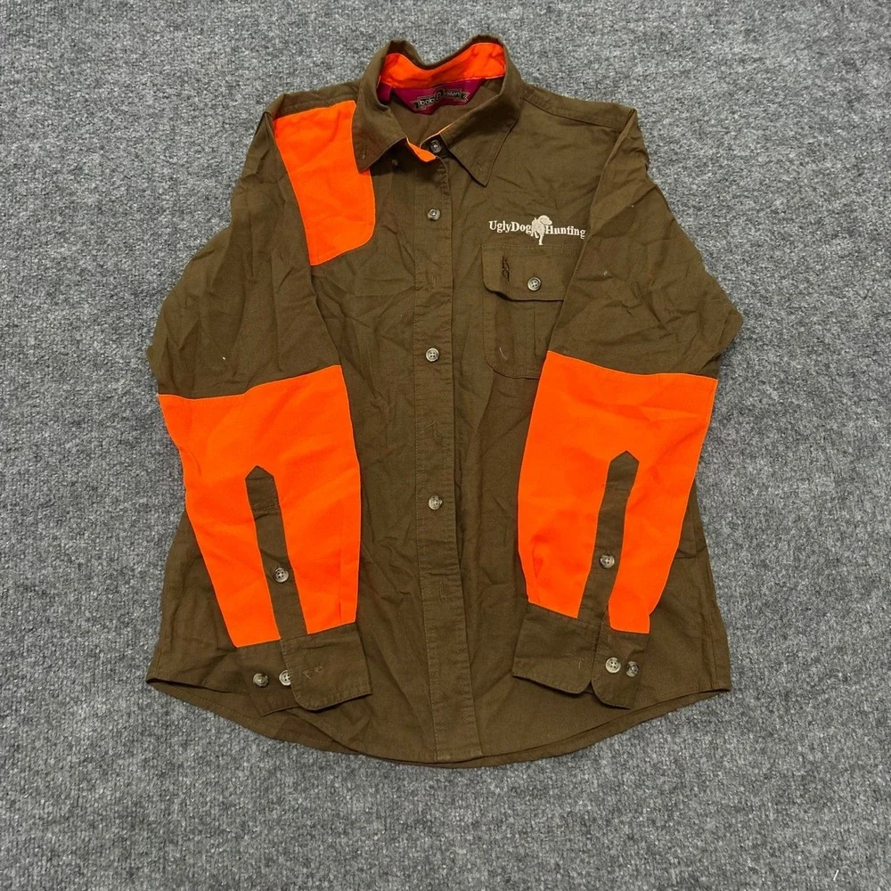 UglyDog Hunting Shirt Womens Size M Brown Orange Cotton Long Sleeve Patch